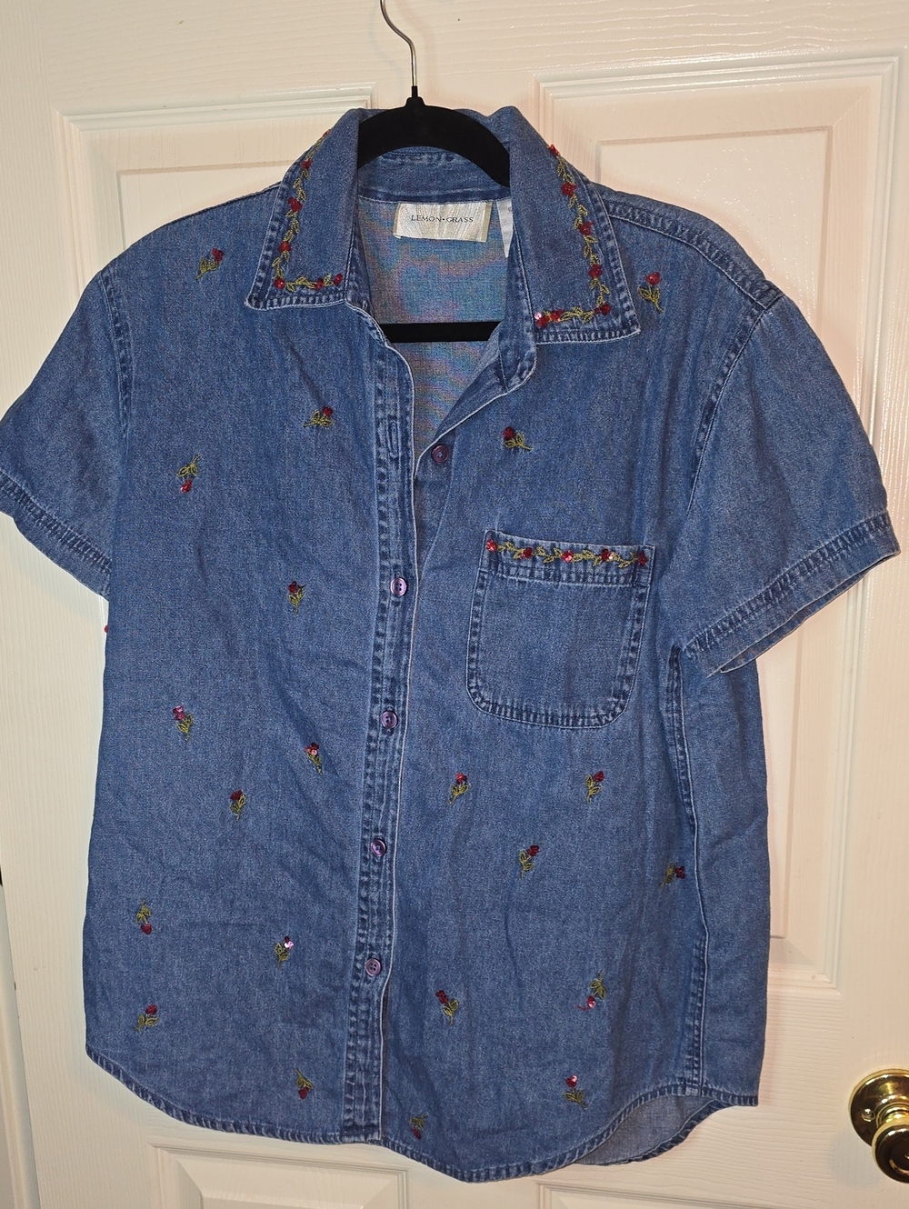 Embroidered Short-Sleeve Denim Button-Down Shirt - Blue